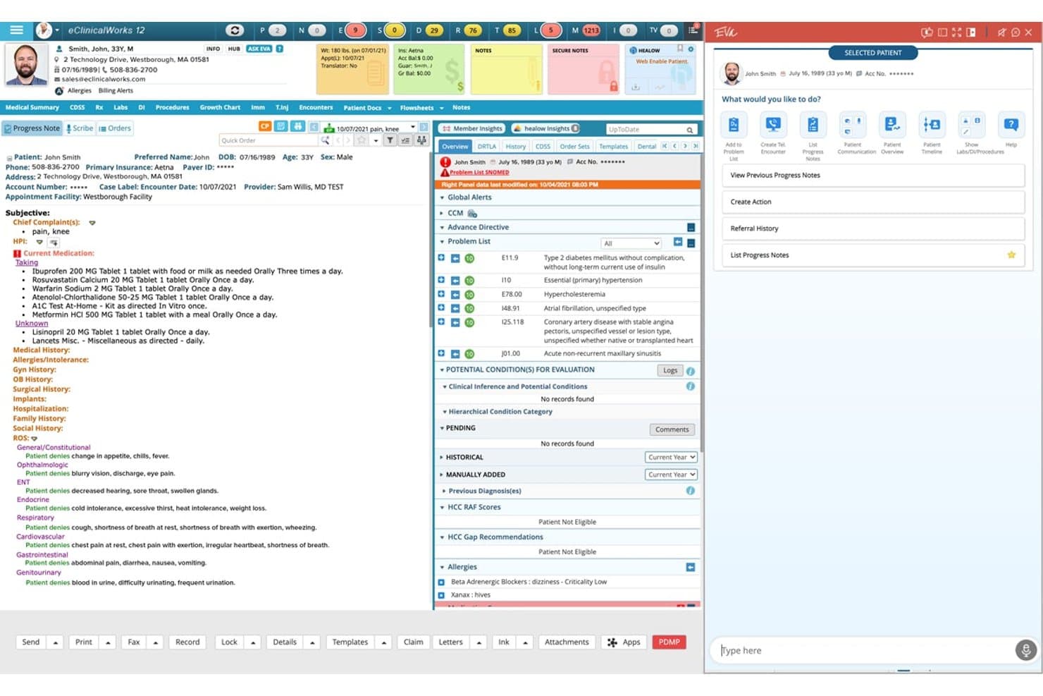Dashboard EHR di eClinicalWorks che mostra la cartella clinica del paziente con note sui progressi, elenco dei problemi e pannello dell'assistente IA.