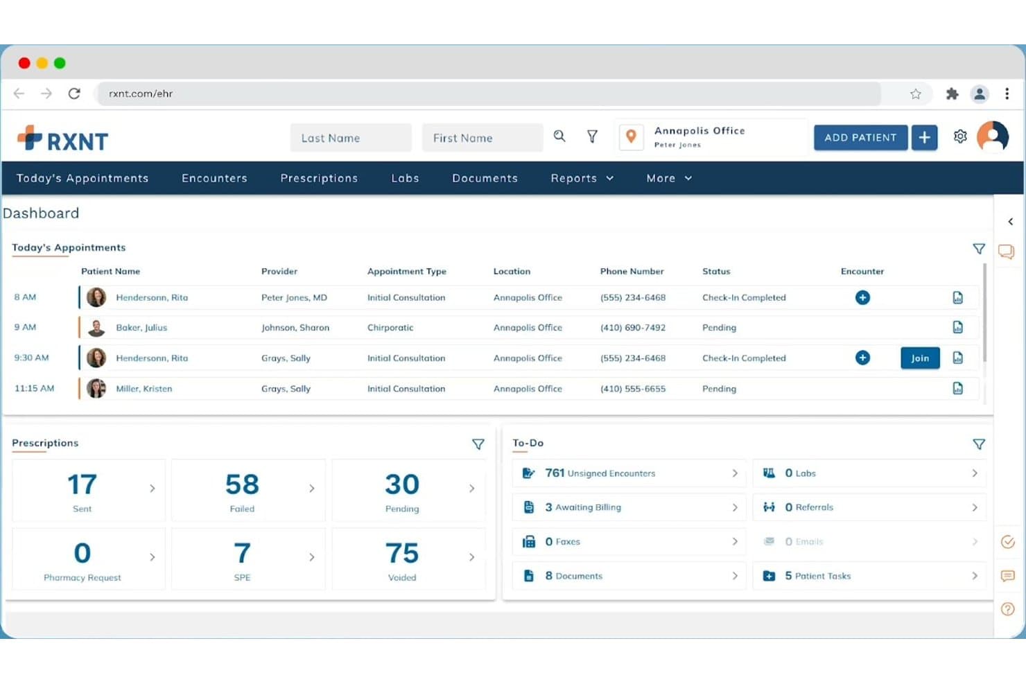 RXNT EPD-dashboard met afspraken, overzicht van recepten en paneel met taken.