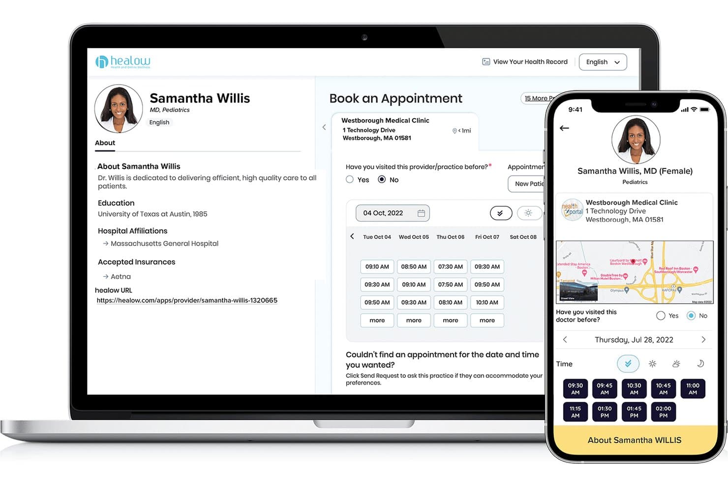 eClinicalWorks healow App mit Anzeige des Arztprofils und Terminbuchung auf Laptop und Handy.