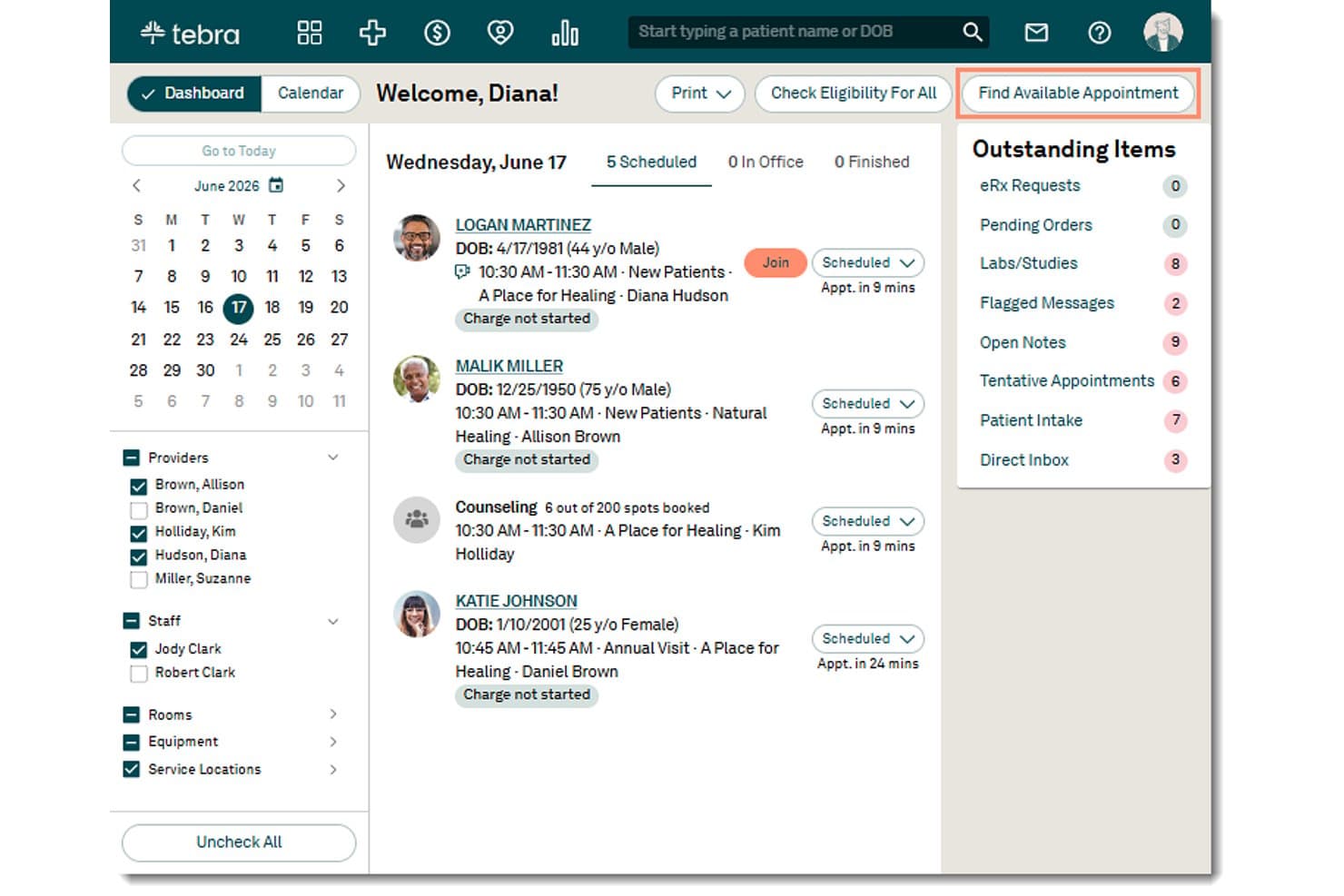 Tebra-Dashboard mit geplanten Terminen, Patientenliste und Schaltfläche 'Verfügbaren Termin finden'.