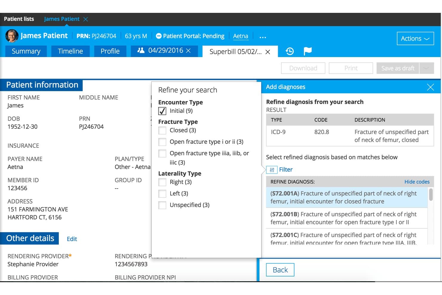 Scherm van de Practice Fusion-superfactuur waarop de verfijning van diagnoses van ICD-9 naar ICD-10 met filteropties wordt weergegeven