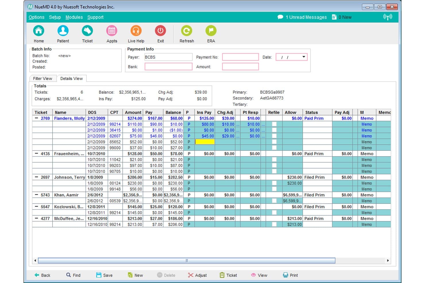NueMD-factureringssoftware met een scherm voor betalingsbatches met patiëntentickets, verzekeringsbetalingen en saldi.