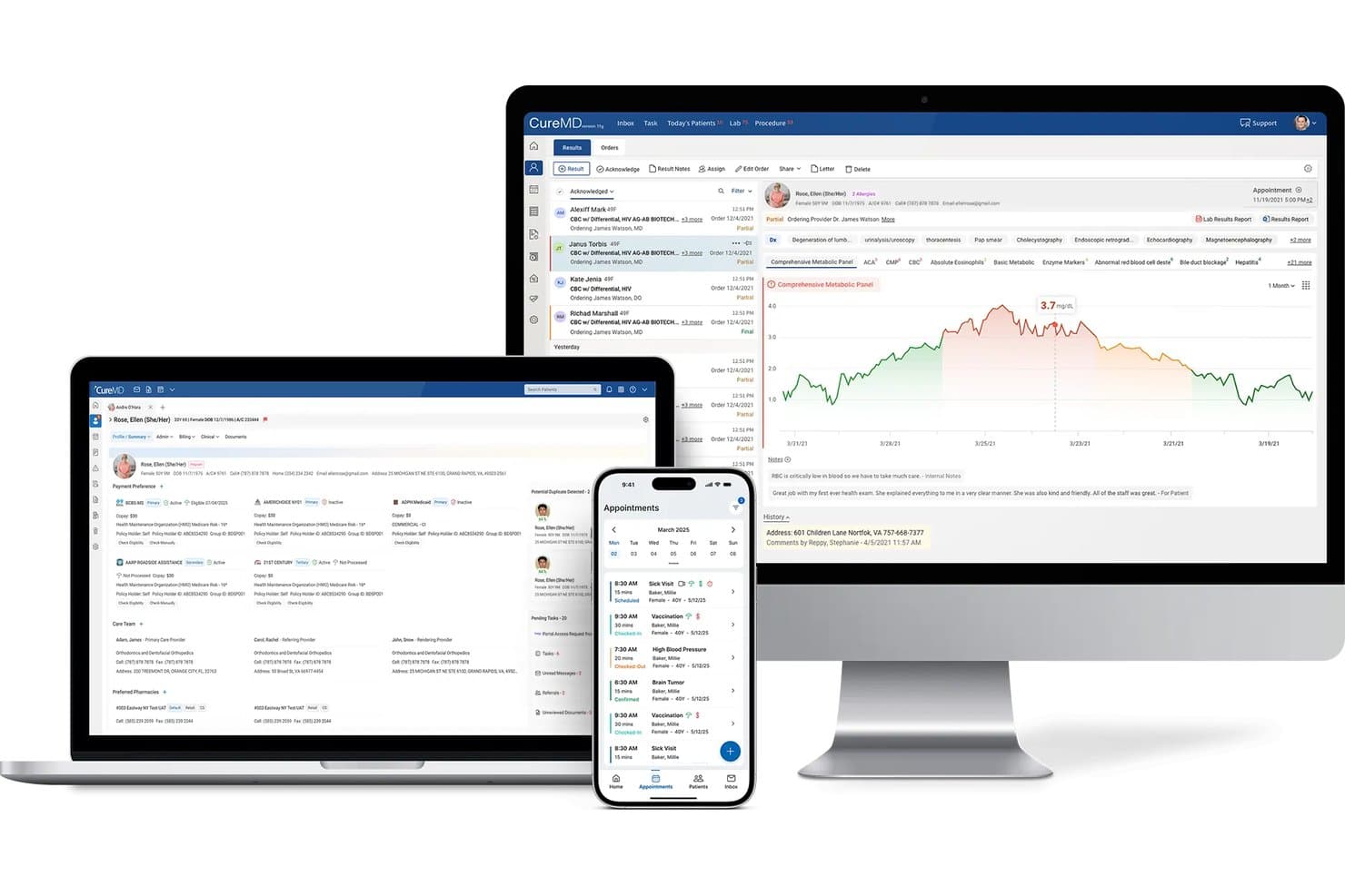 CureMD-software weergegeven op desktop, laptop en mobiel, met patiëntendossiers, laboratoriumresultaten en afspraken.