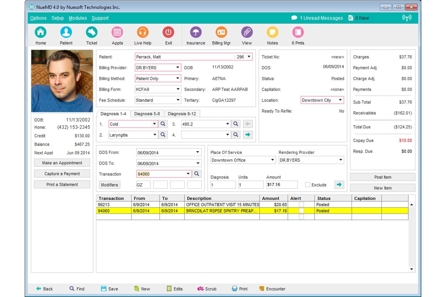 NueMD medical billing software showing patient ticket with diagnoses, transactions, and charge summary.