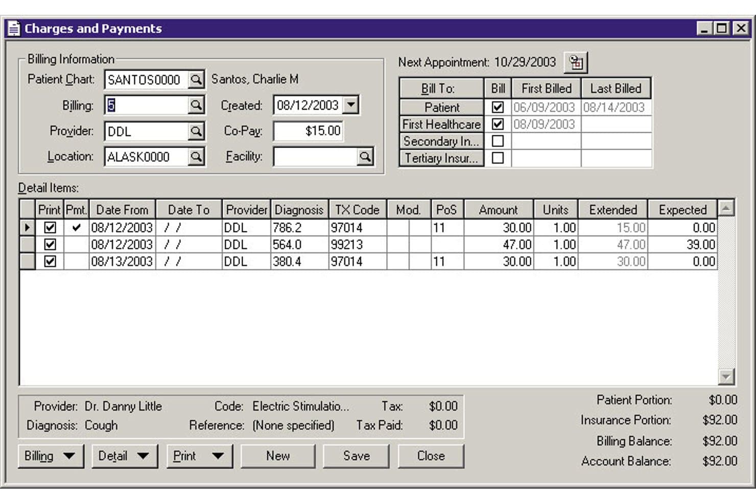 MEDISOFT Charges and Payments form showing patient billing details, insurance, and line-item charges.