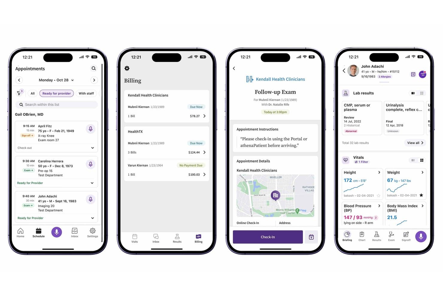 Mobiele app van athenahealth athenaOne met schermen voor afspraken, facturering, inchecken en patiëntvitalen