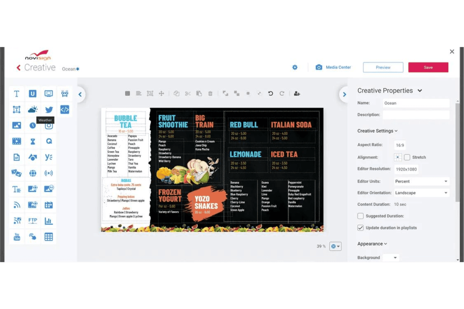 Éditeur créatif de NoviSign affichant un tableau de menu de thé aux perles avec panneau de propriétés.