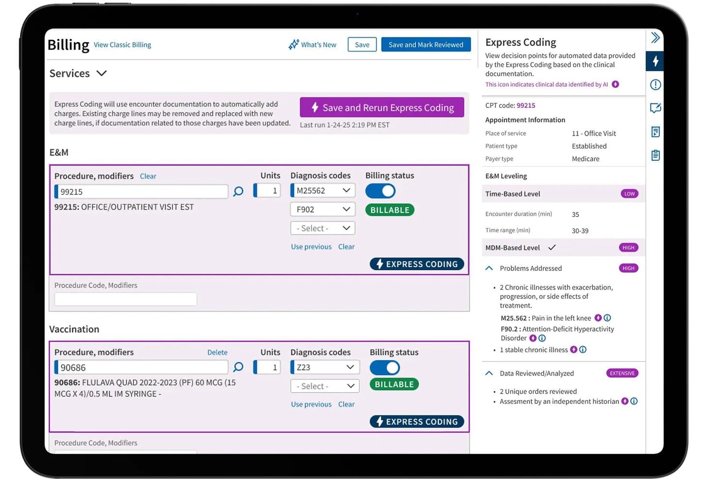 athenahealth billing screen showing Express Coding with CPT 99215, diagnosis codes, and E&M leveling panel.