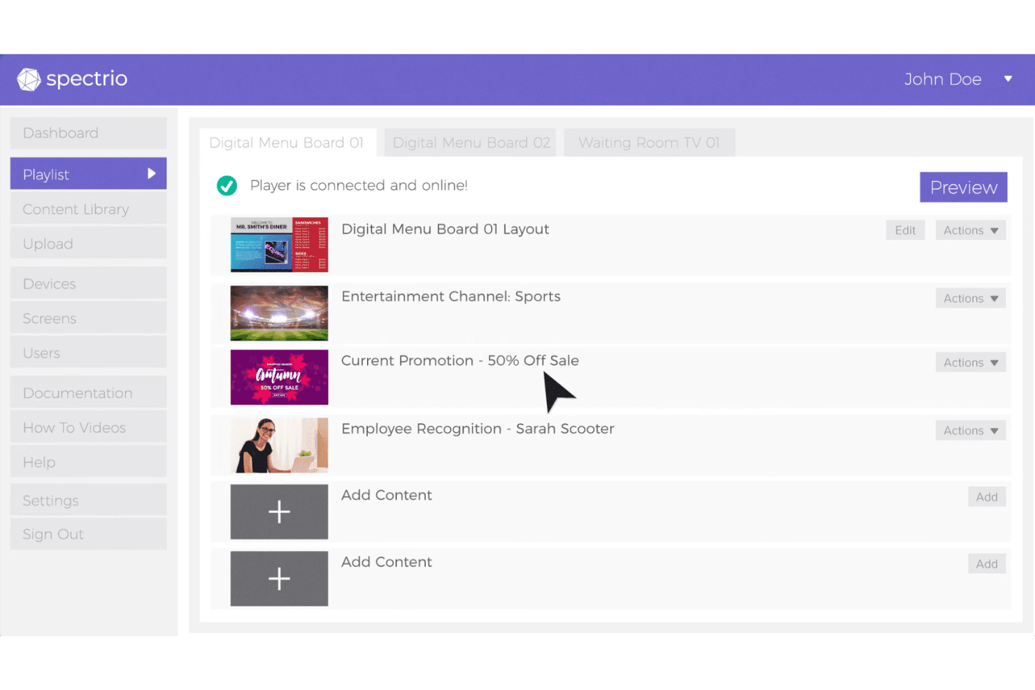 Tableau de bord de la playlist d’affichage numérique de Spectrio présentant le contenu du menu et les promotions.