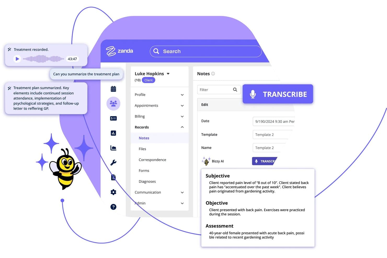 Zanda practice management UI showing AI transcription of clinical notes with SOAP format fields.