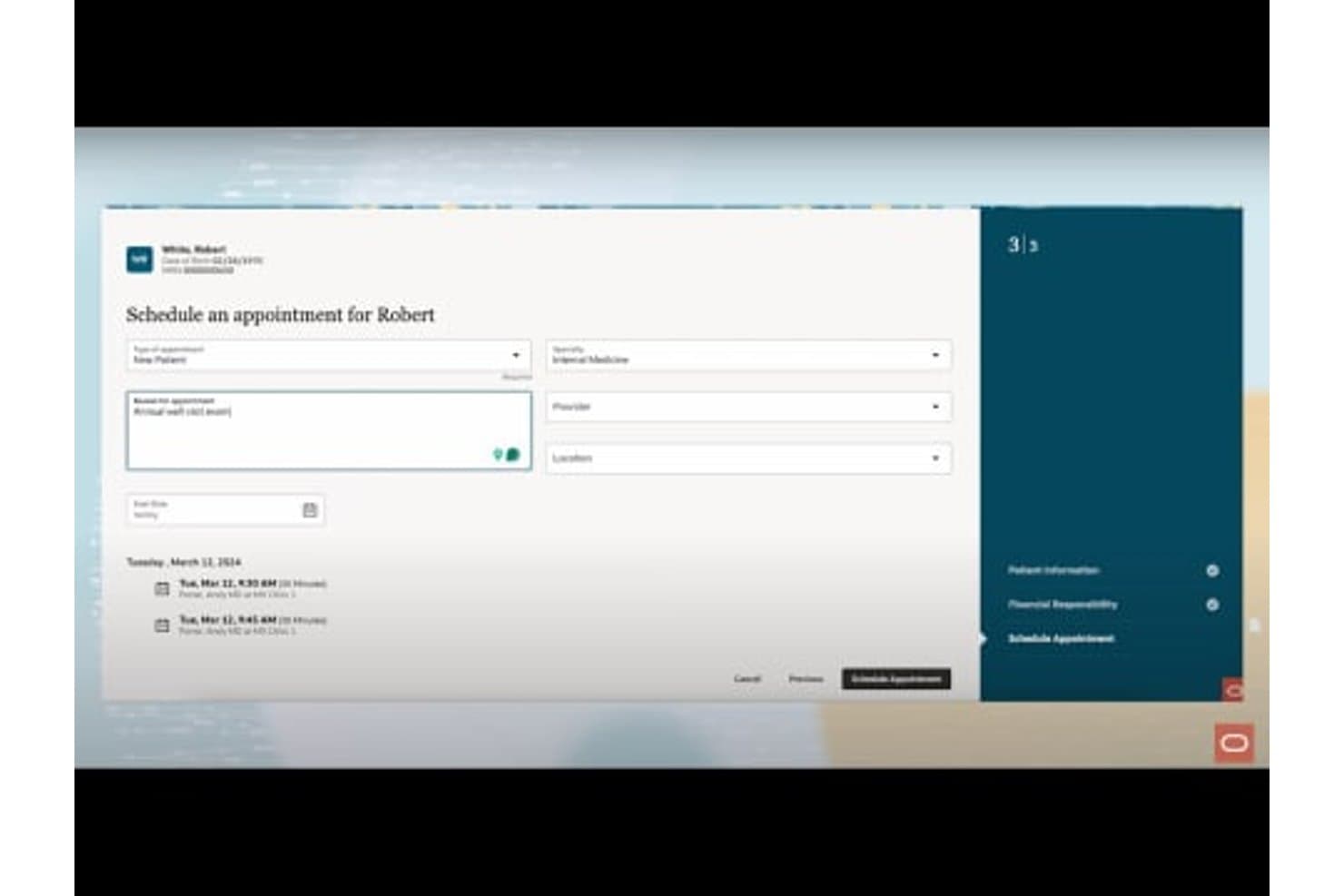 Formulaire de planification Oracle Health affichant les champs du rendez-vous et les créneaux disponibles du mardi.