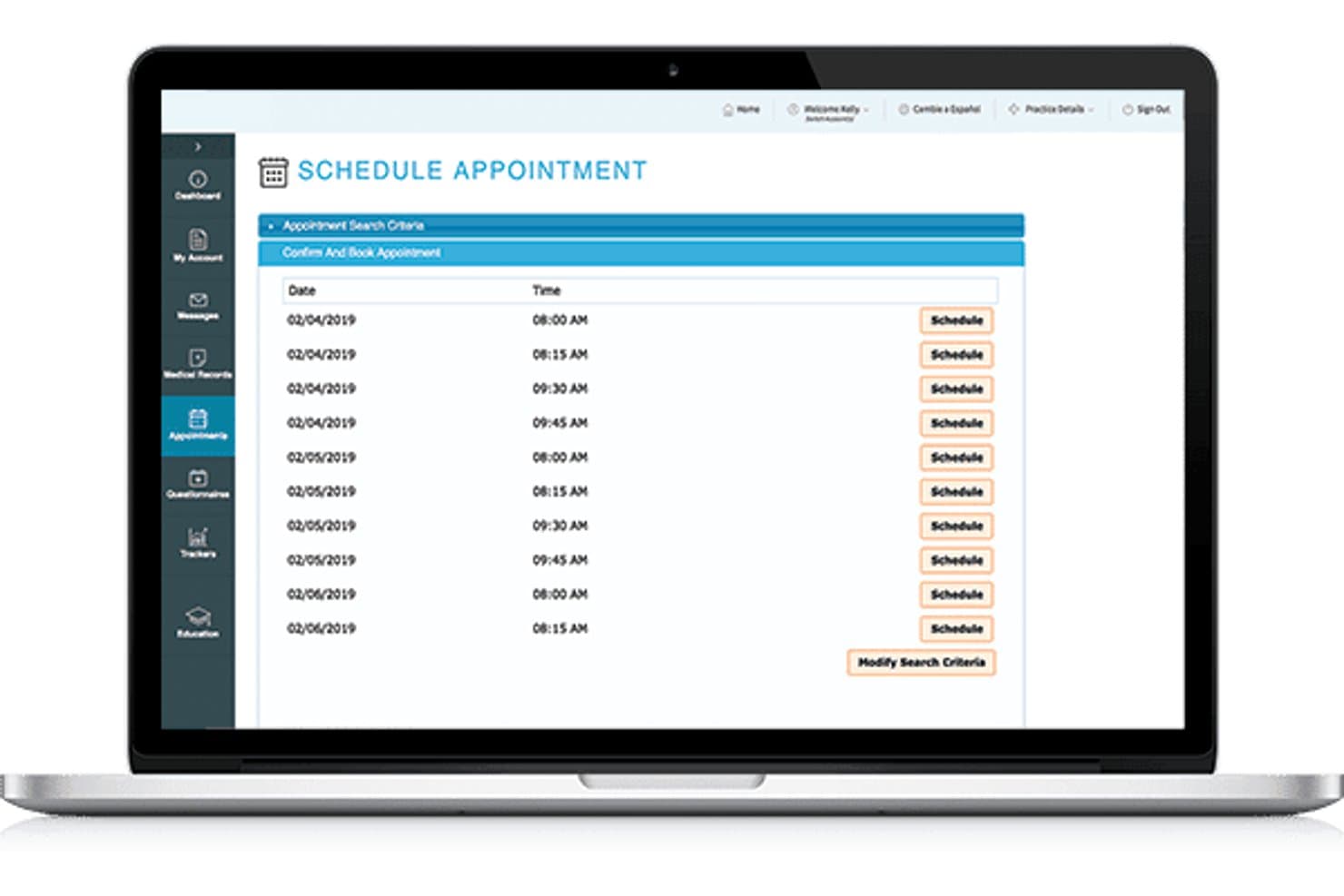 Écran de planification de rendez-vous d’eClinicalWorks présentant les dates et heures disponibles avec des boutons « Planifier ».