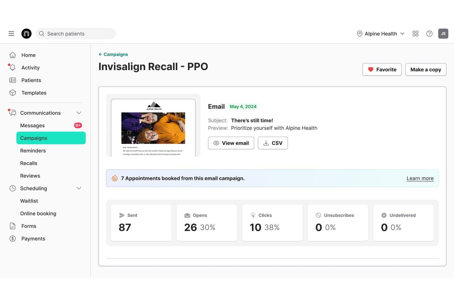 NexHealth-campagnedashboard met e-mailanalyses: 87 verzonden e-mails, 26 keer geopend en 7 geboekte afspraken.