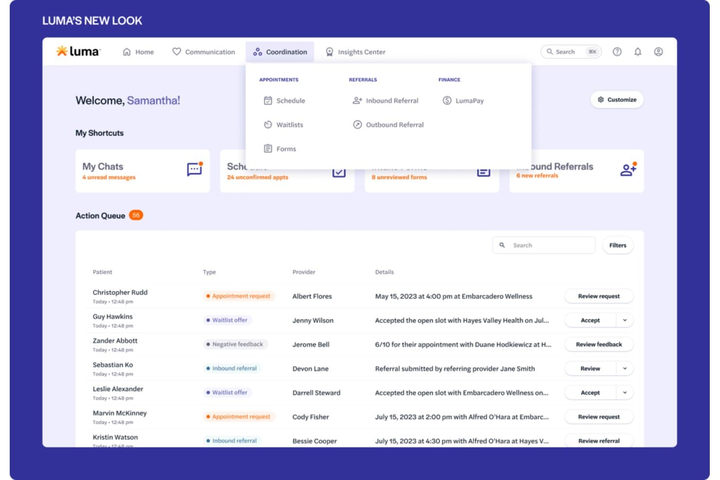 Luma Health-dashboard met coördinatiemenu, actiewachtrij en vermeldingen voor patiëntplanning.