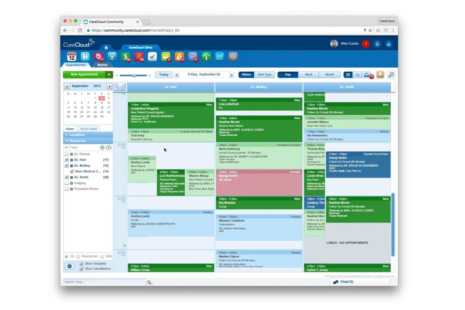 CareCloud EMR-planningsdashboard met een dagelijkse kalenderweergave voor drie artsen met kleurgecodeerde afspraken.