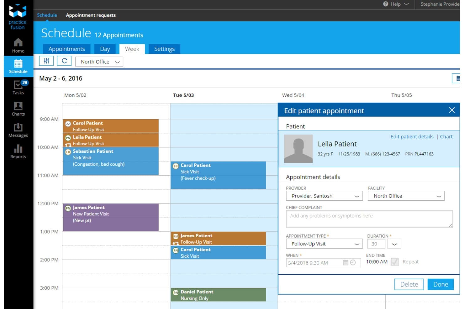 Wekelijkse planning van Practice Fusion EMR met geopend paneel voor het bewerken van patiëntafspraken met formuliervelden.