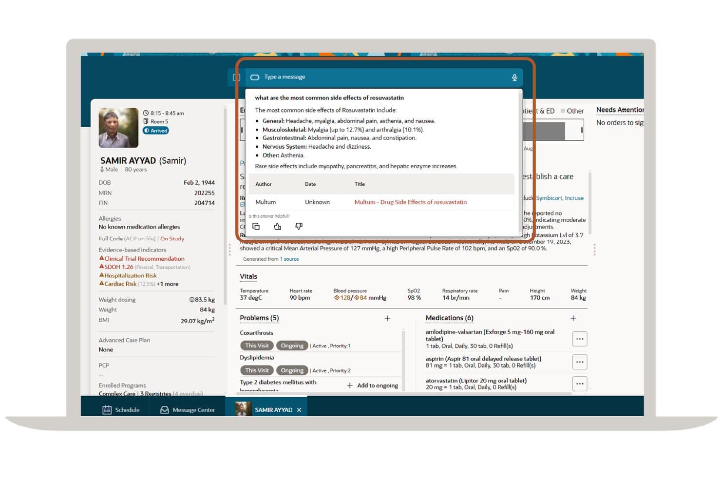 Oracle Health EMR patient chart with AI chat showing rosuvastatin side effects list