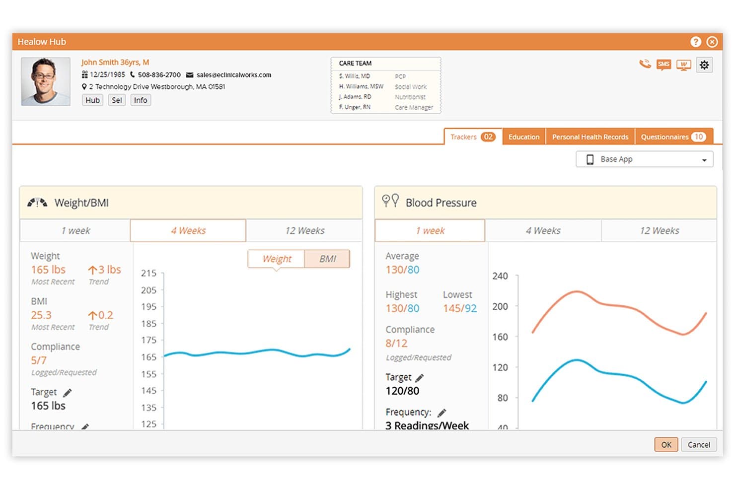 eClinicalWorks Healow Hub dashboard showing weight, BMI, and blood pressure trackers with line charts.