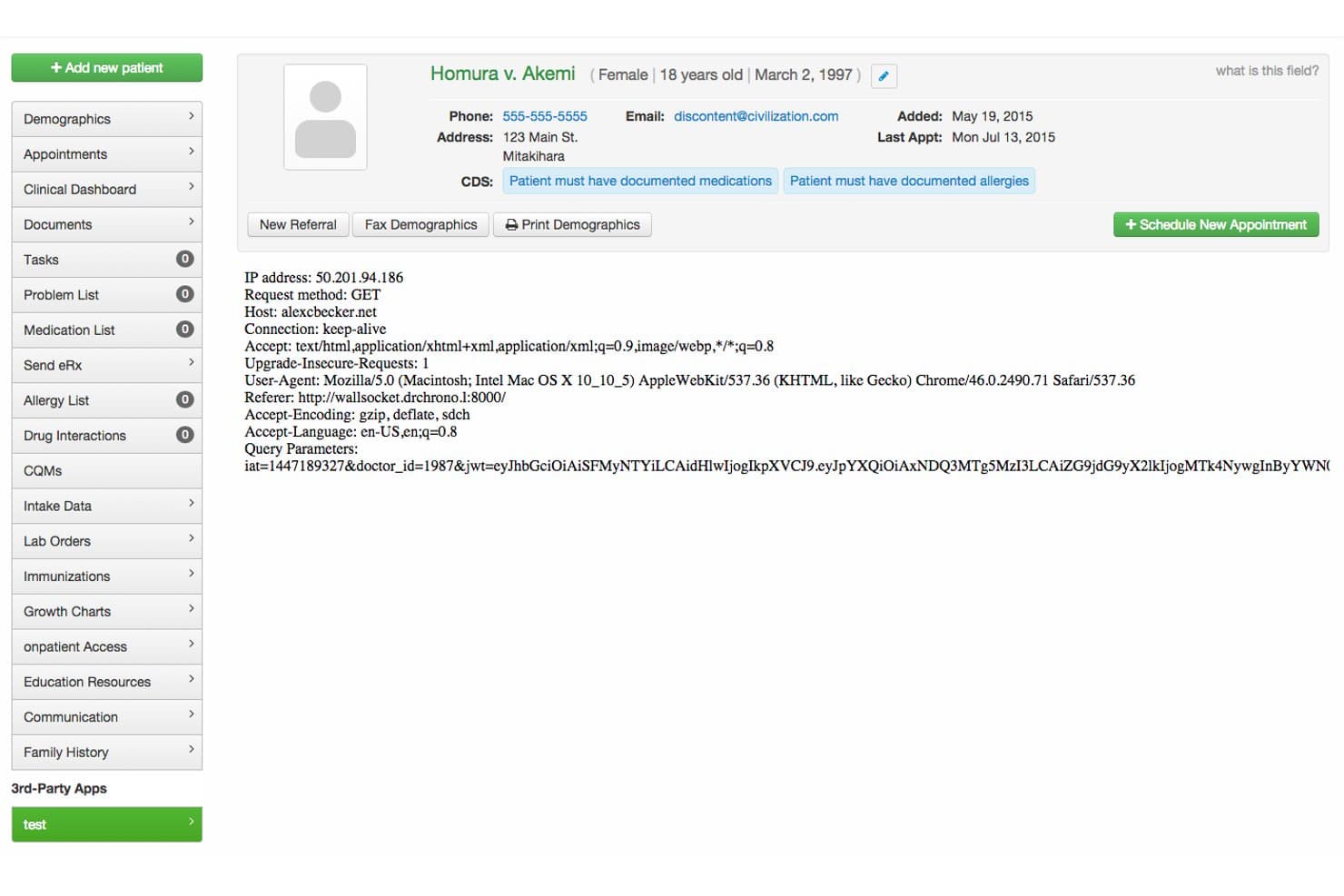 DrChrono EMR patient profile page showing demographics, CDS alerts, and request metadata.