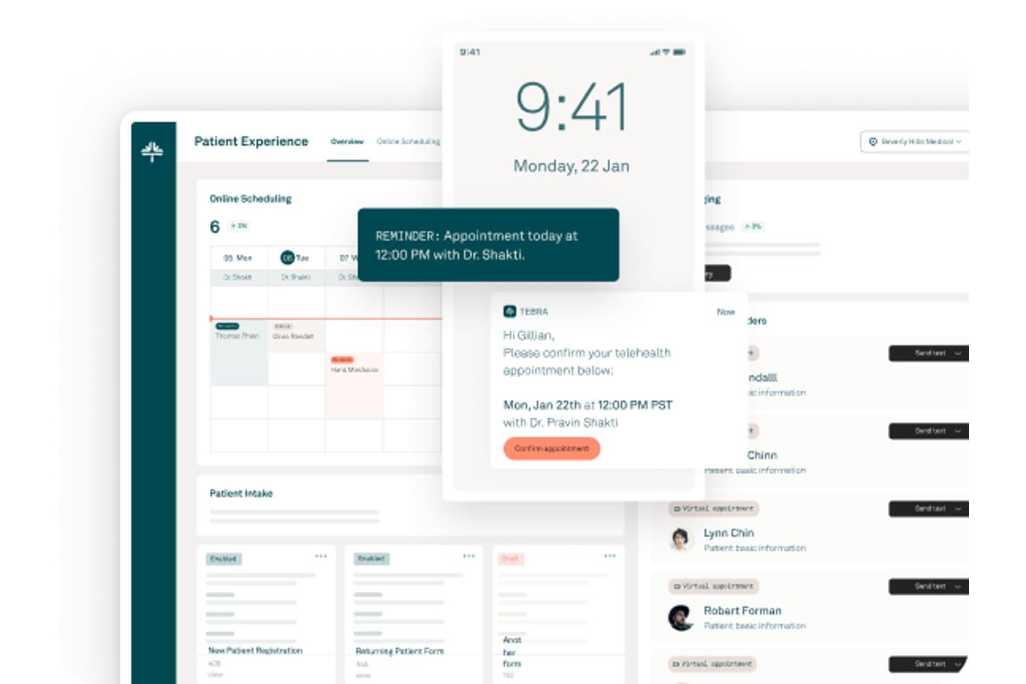 Tebra patient portal dashboard showing scheduling, appointment reminder, and telehealth confirmation screens.