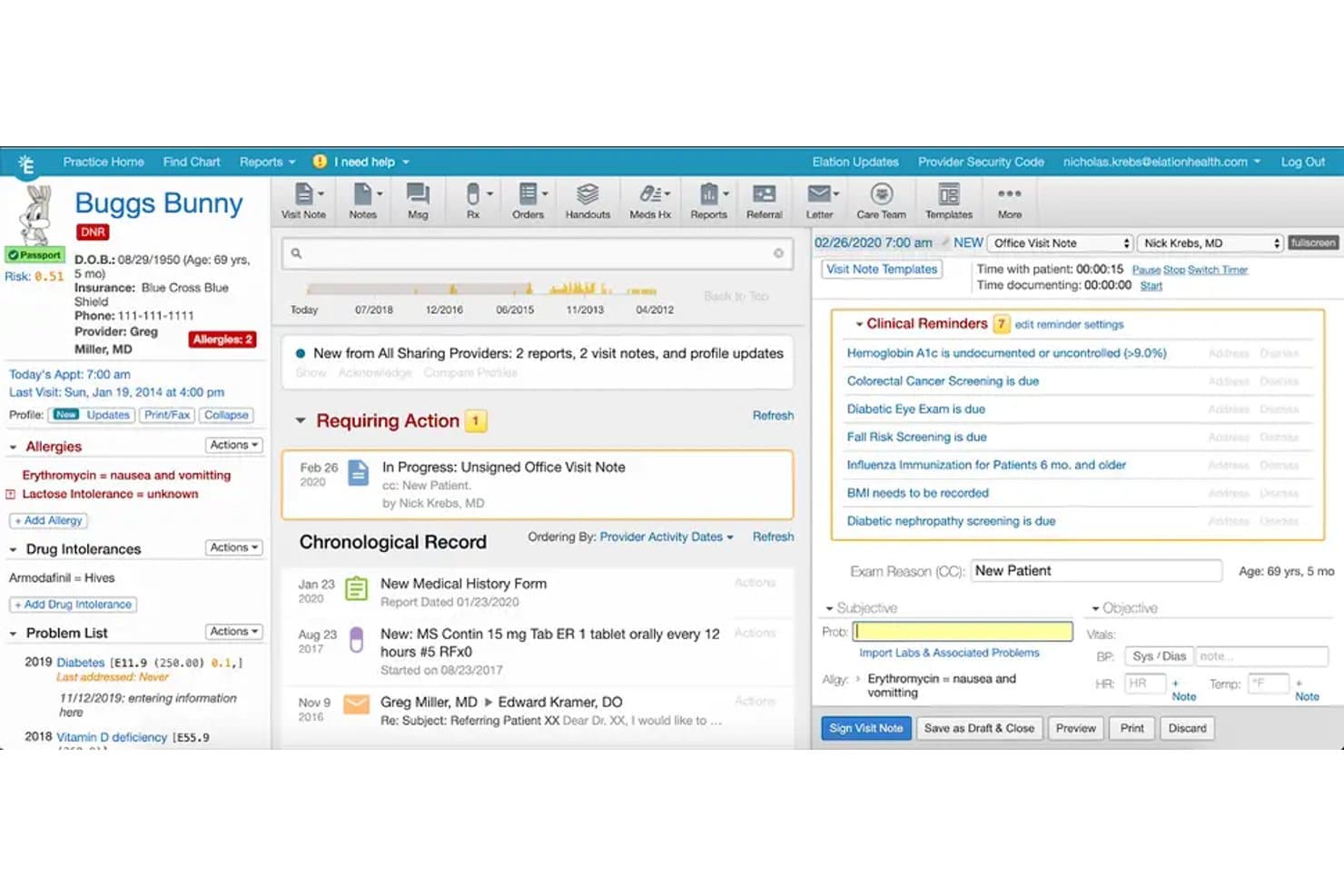 Elation Health EMR patient chart showing clinical reminders, allergies, and visit note fields.