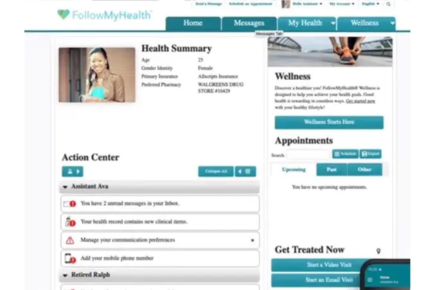 Gezondheidsoverzichtsscherm van het FollowMyHealth-patiëntenportaal met demografische gegevens, meldingen in het actiecentrum en afspraken.