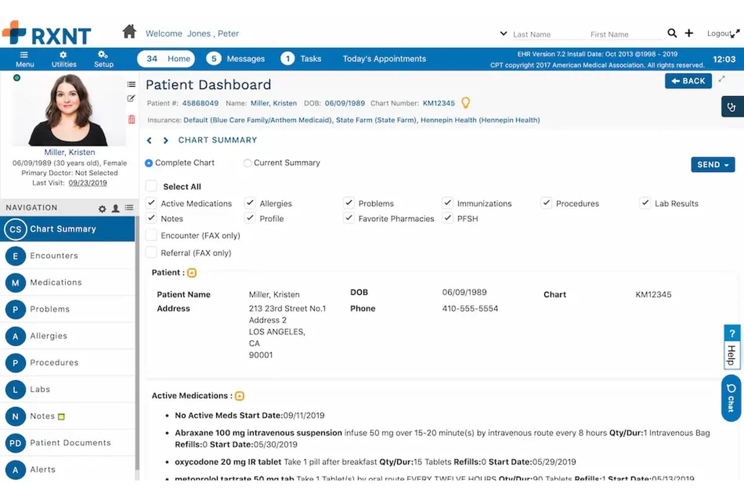 Tableau de bord des patients RXNT affichant les médicaments, les allergies, le résumé du dossier et les détails du patient.