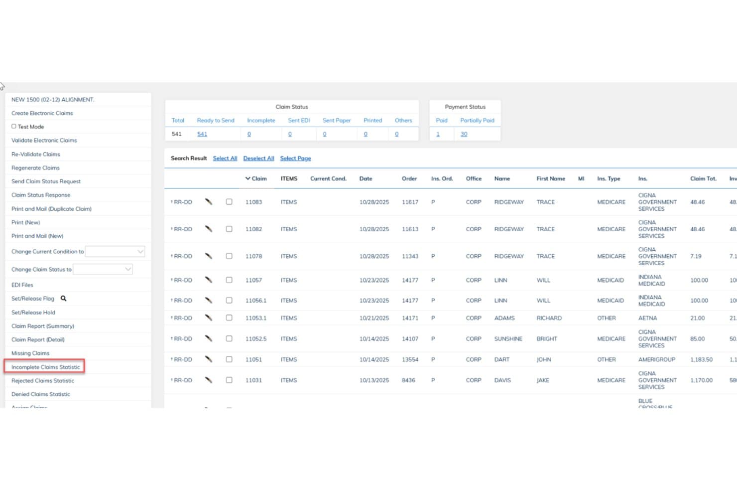 Bonafide WellSky claims list showing claim status, payment status, and patient billing records.