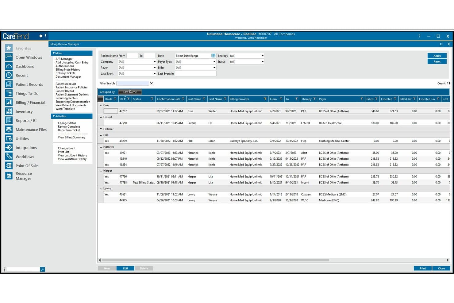 CareTend Billing Review Manager screen showing patient billing records grouped by last name.