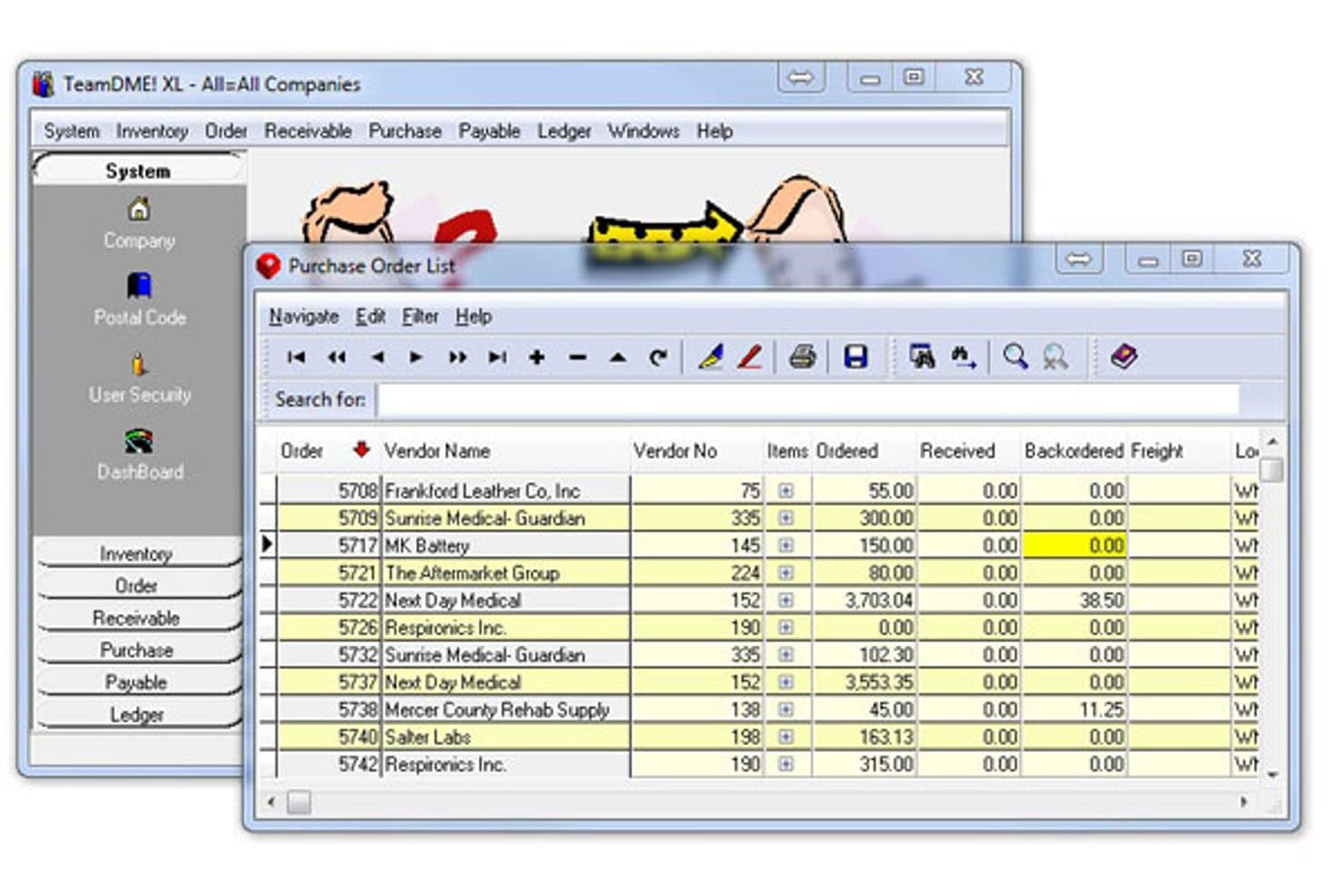 TeamDME! XL-software met een inkooporderlijst met leveranciers- en ordergegevens.