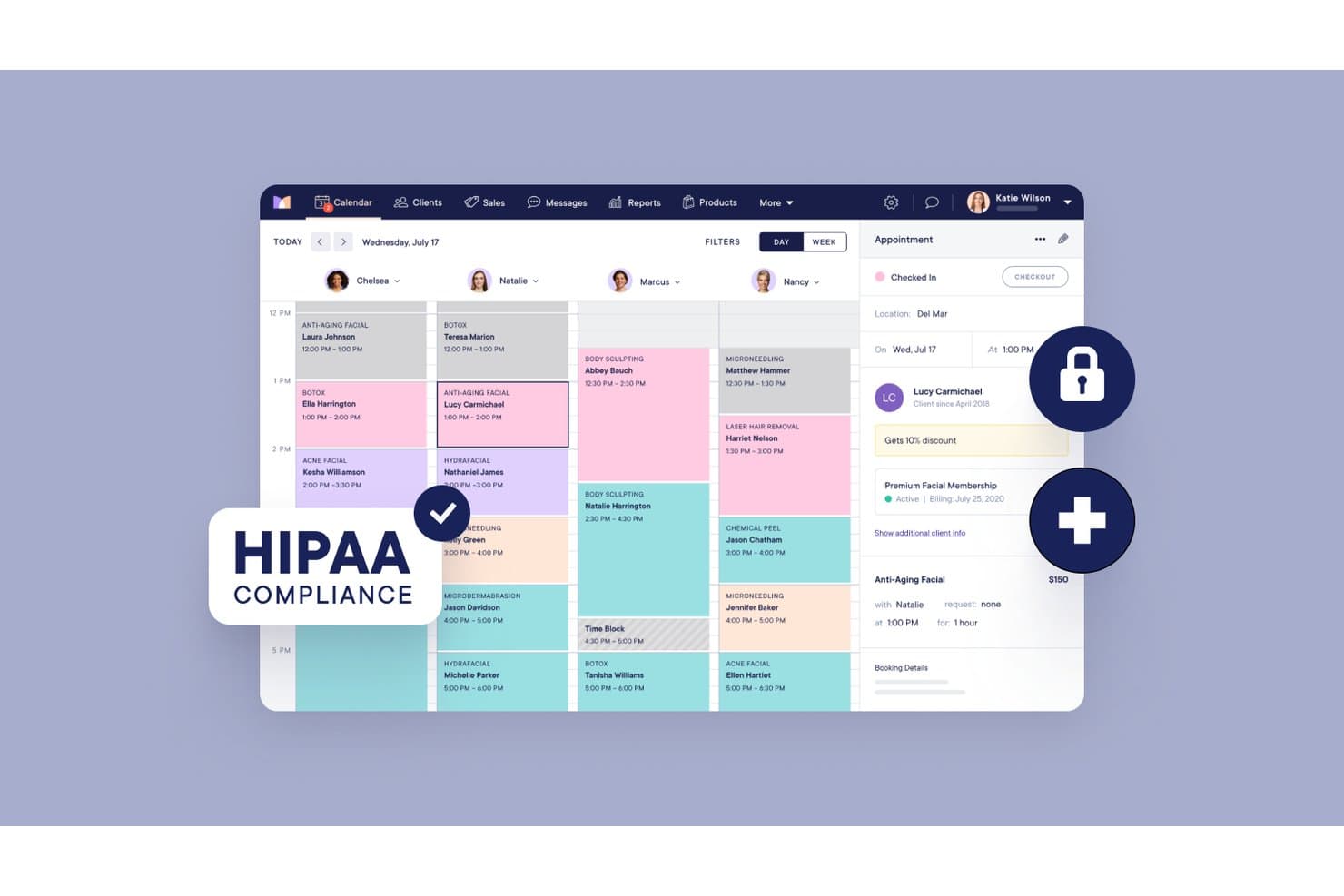 Mangomint-kalenderdashboard met afspraken, klantgegevens en een badge voor HIPAA-naleving