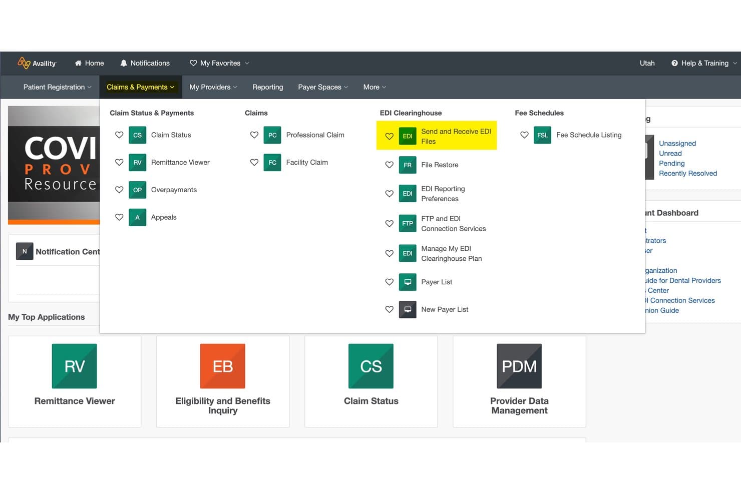 Availity Claims & Payments dropdown menu showing EDI Clearinghouse options with Send and Receive EDI Files highlighted.
