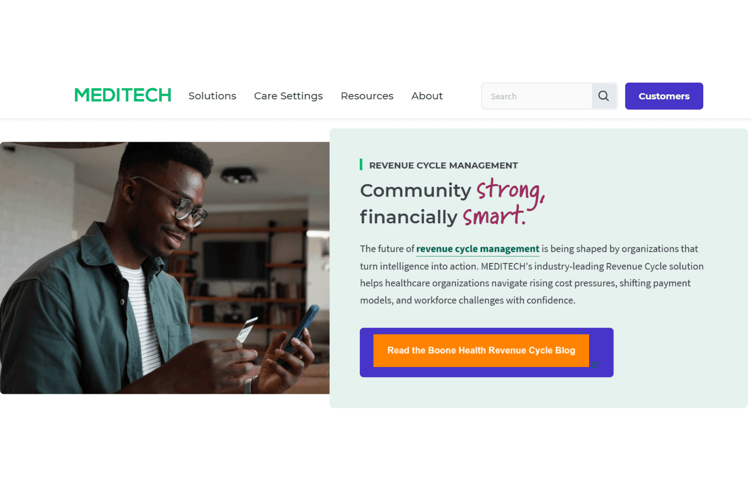 MEDITECH website banner promoting Revenue Cycle Management with a call-to-action button.