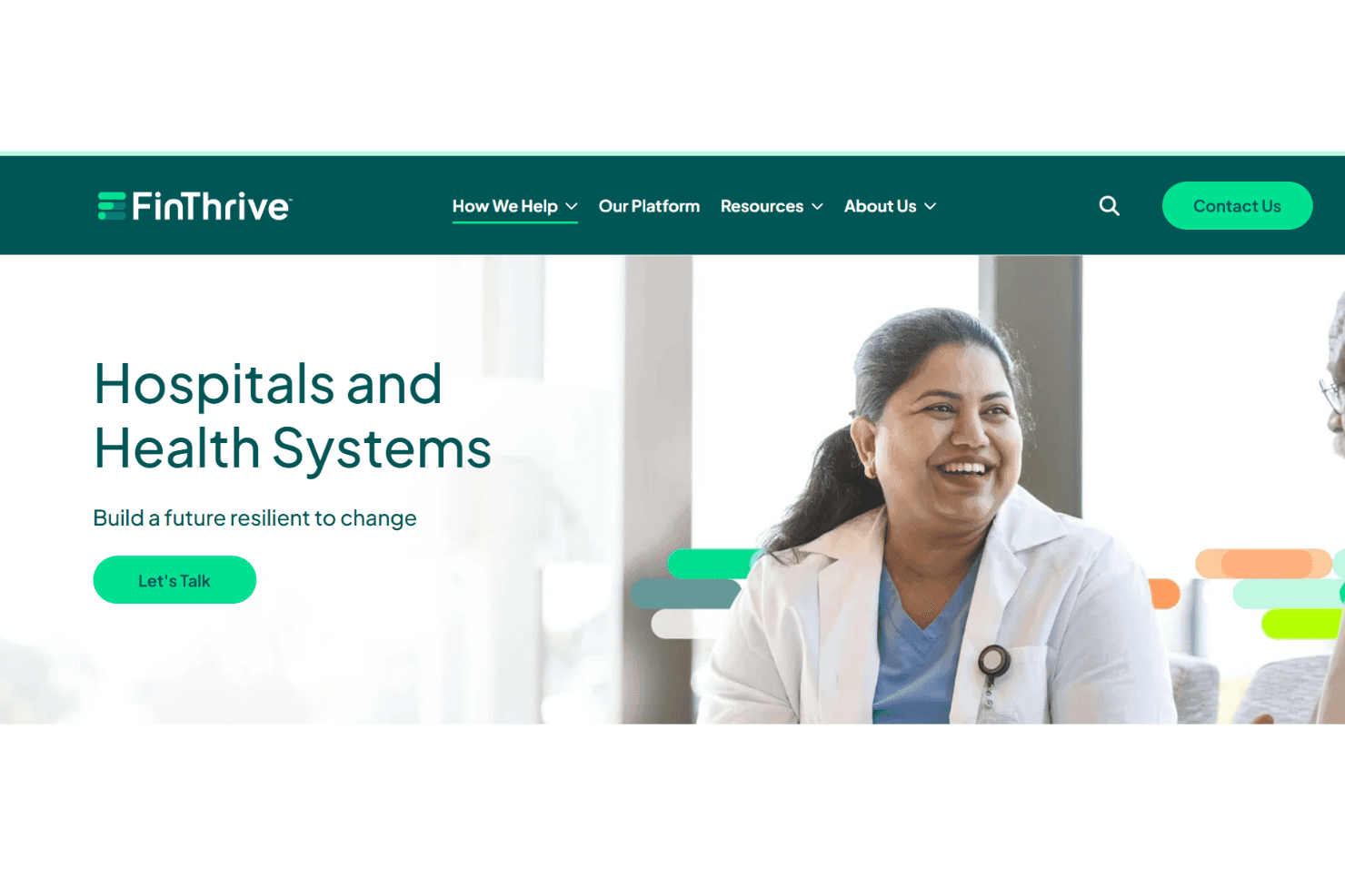 FinThrive website hero section for Hospitals and Health Systems featuring a smiling doctor.