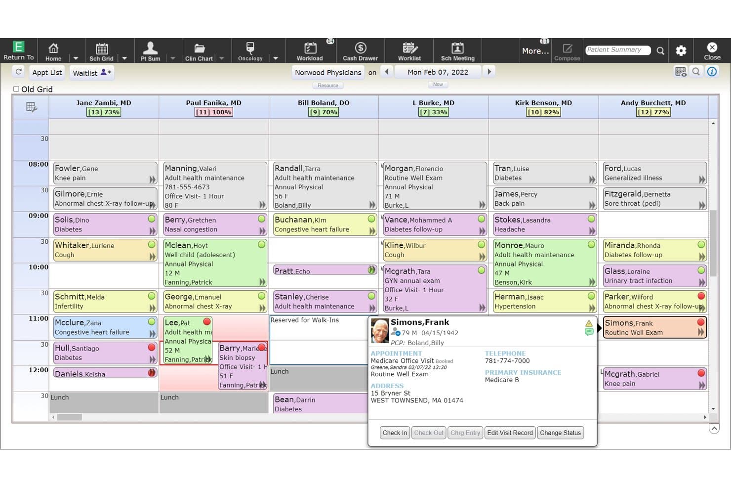 Cuadrícula de programación de MEDITECH Expanse que muestra seis columnas de médicos con citas de pacientes y una tarjeta emergente de resumen del paciente.