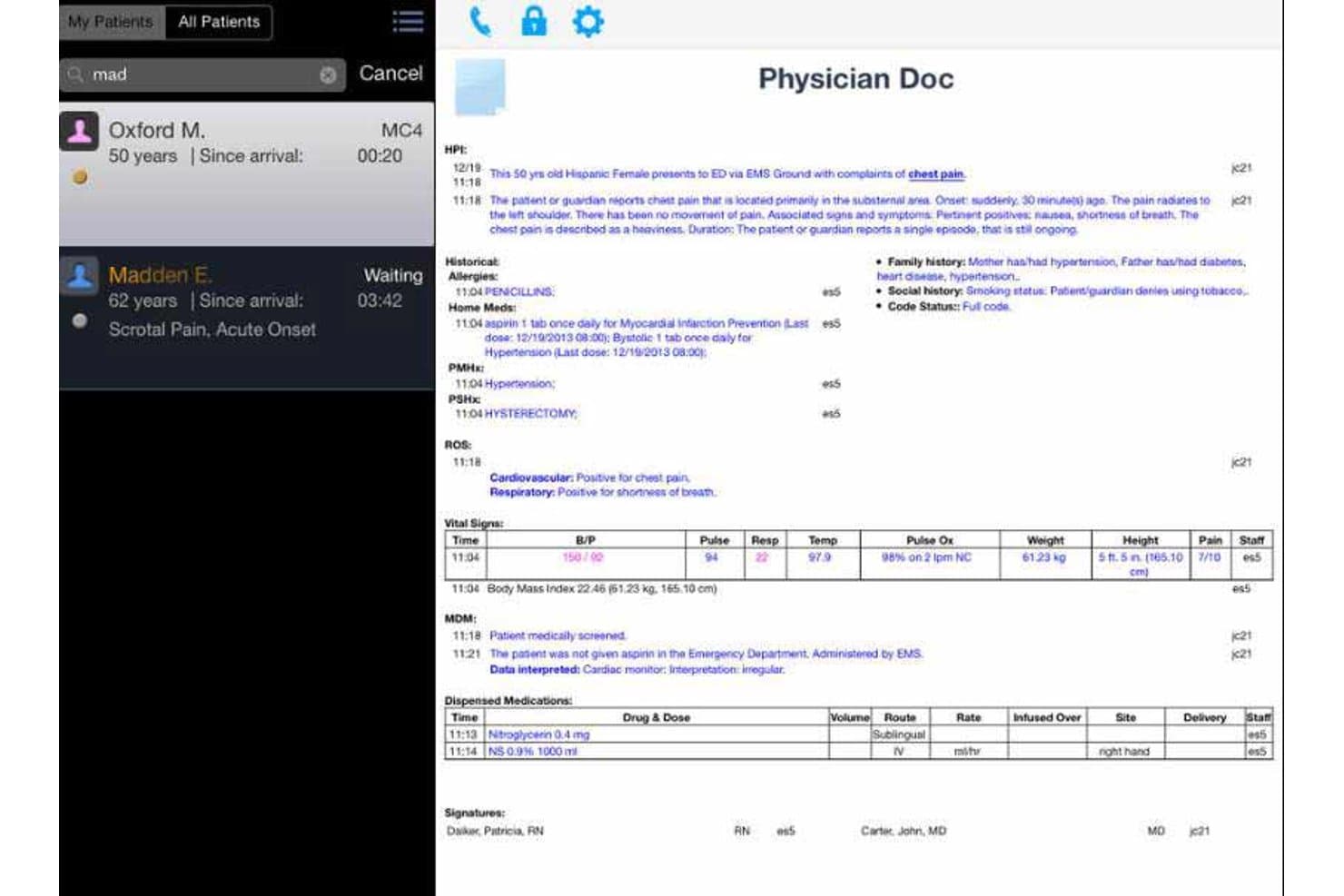 MEDHOST-scherm voor artsendocumentatie met een patiëntsamenvatting met vitale waarden, medicatie en klinische notities.