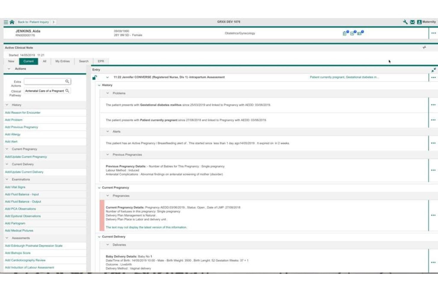 EMR-scherm van InterSystems met klinische notities over de zwangerschap, bevalling en zwangerschapsdiabetes van de patiënt.