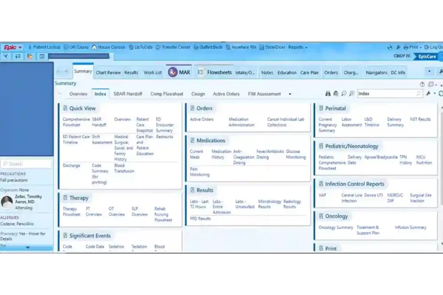 Epic EMR-scherm met de index van de patiëntsamenvatting, met secties voor orders, medicatie, resultaten en therapie.