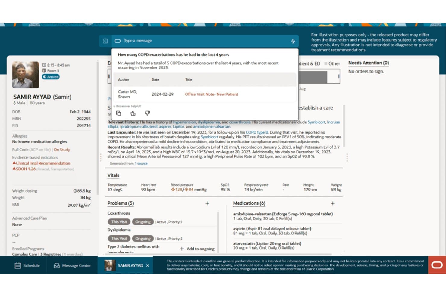 Oracle Health EPD-scherm met patiëntdossier, AI-chat, vitale waarden, medicatie en probleemlijst.