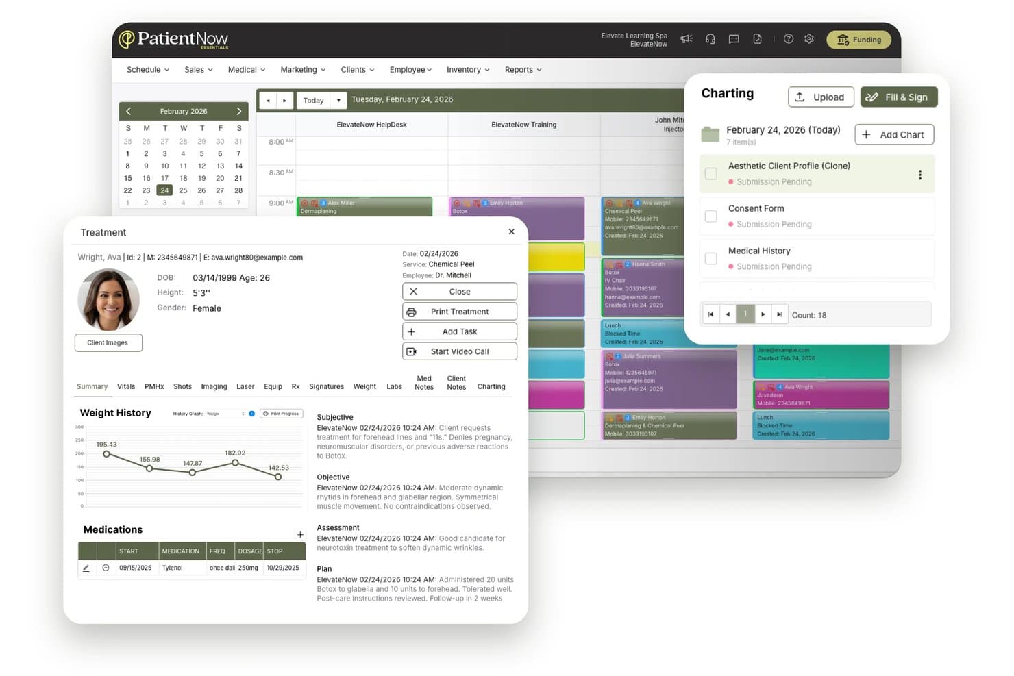 PatientNow EMR dashboard showing patient schedule, treatment details, charting, and SOAP notes