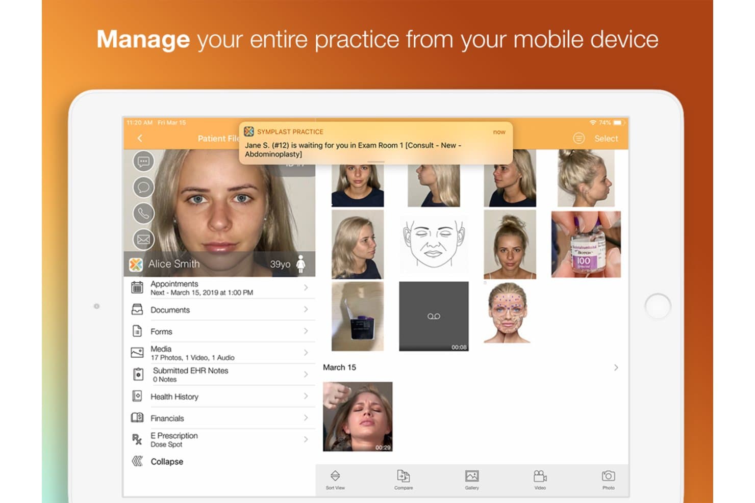 Symplast iPad app showing patient file with photos, appointments, and practice notification