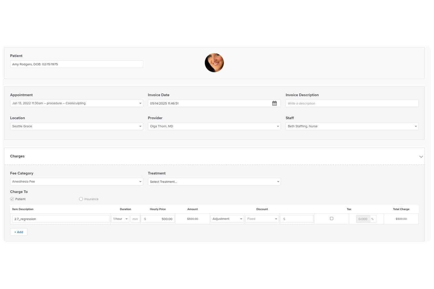 Remedly EMR-factuurformulier met patiëntfacturering, anesthesiekosten en gegevens van de zorgverlener.