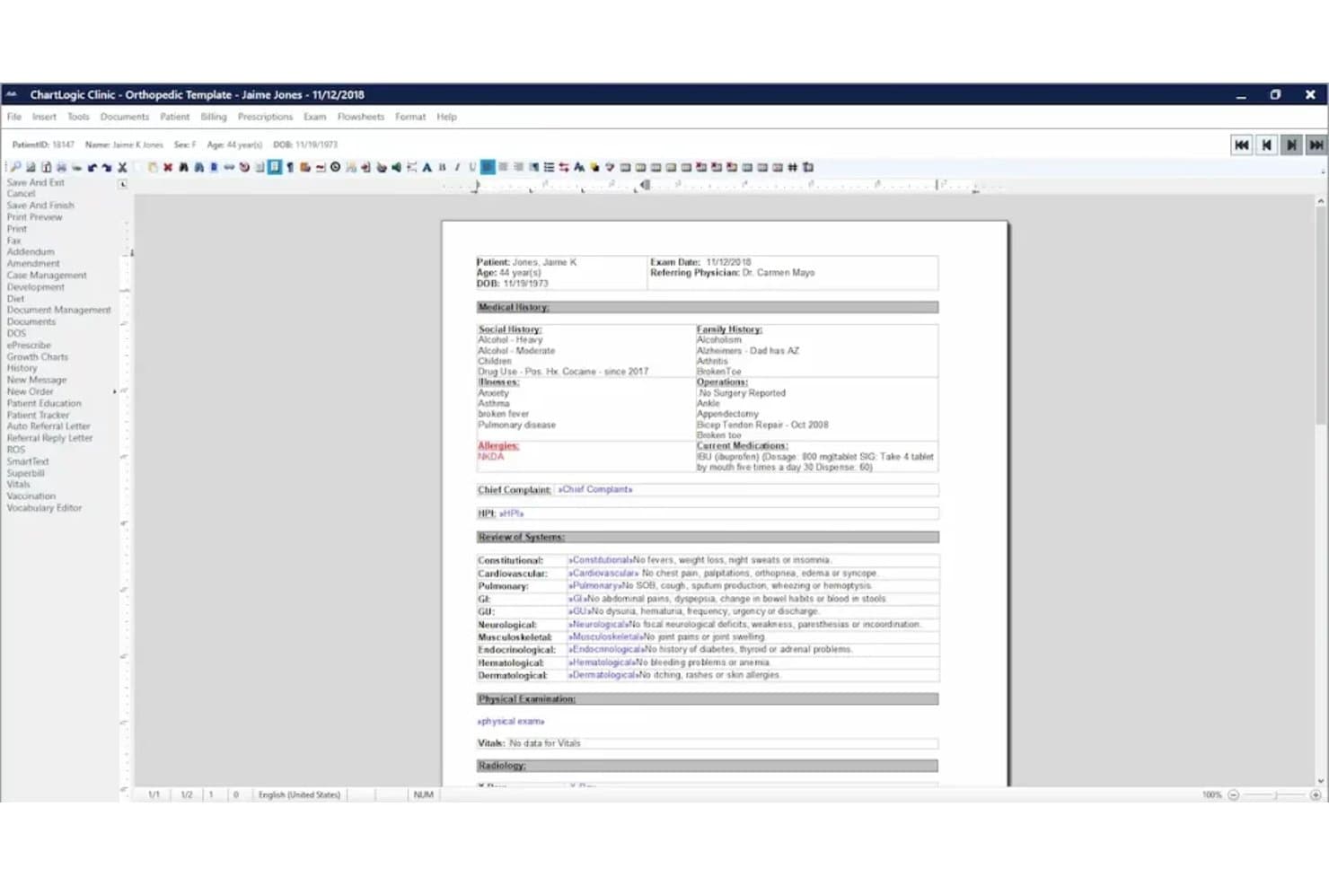 Orthopedisch EPD-sjabloon van ChartLogic met patiëntendossier, medische voorgeschiedenis en systeemonderzoek