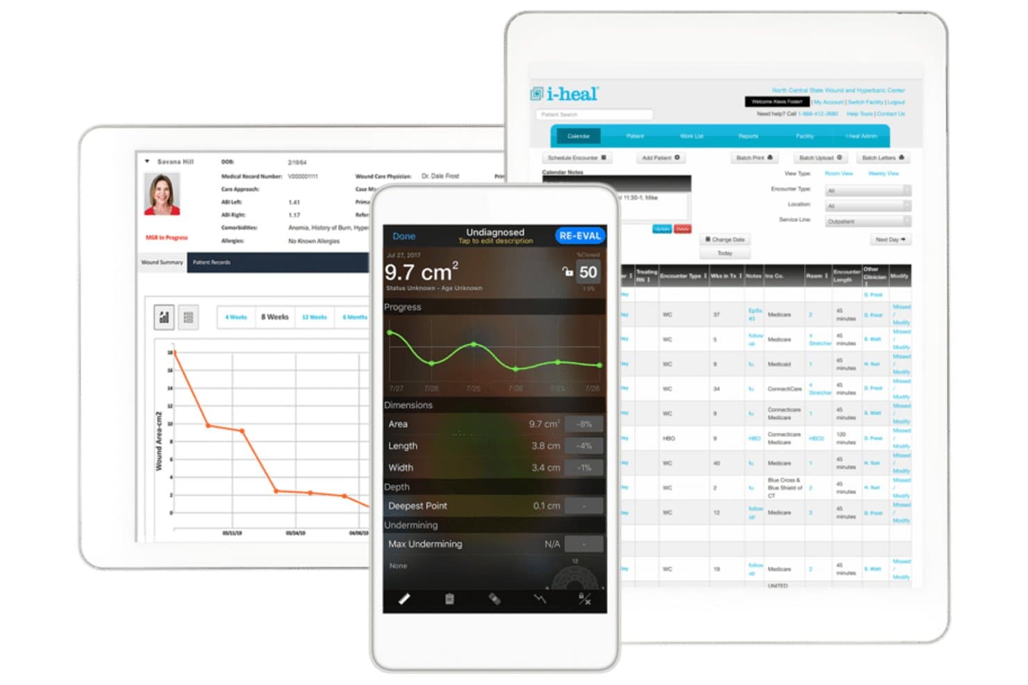 Schermen van Healogics WoundSuite met grafieken voor wondtracking, metingen en patiëntplanning op drie apparaten.