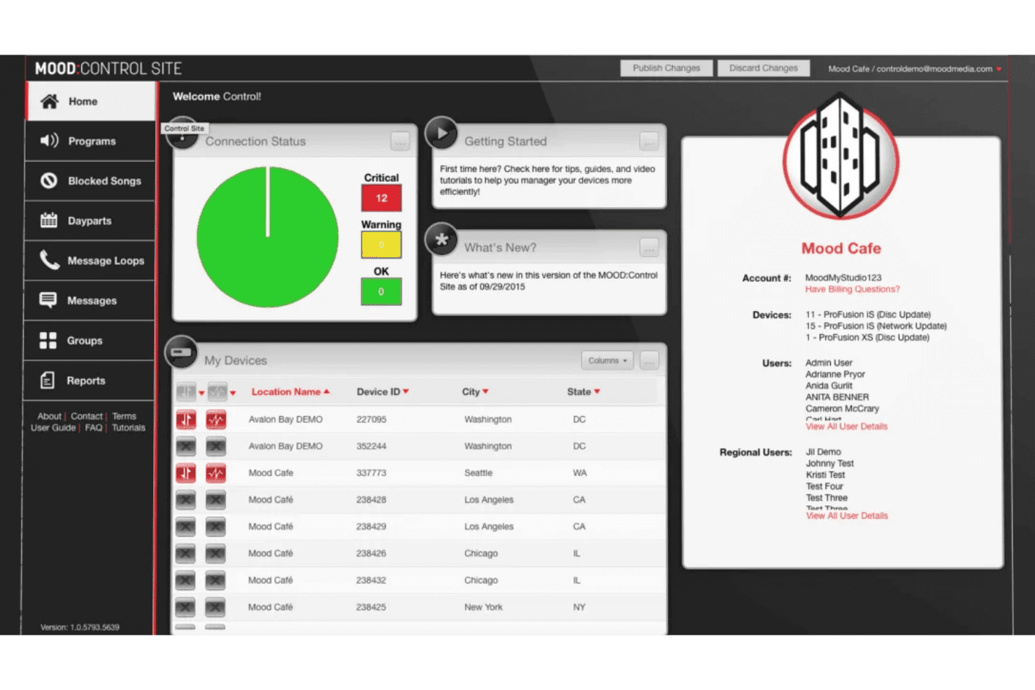 Control Site-dashboard van Mood Media met verbindingsstatus, apparatenlijst en accountgegevens.