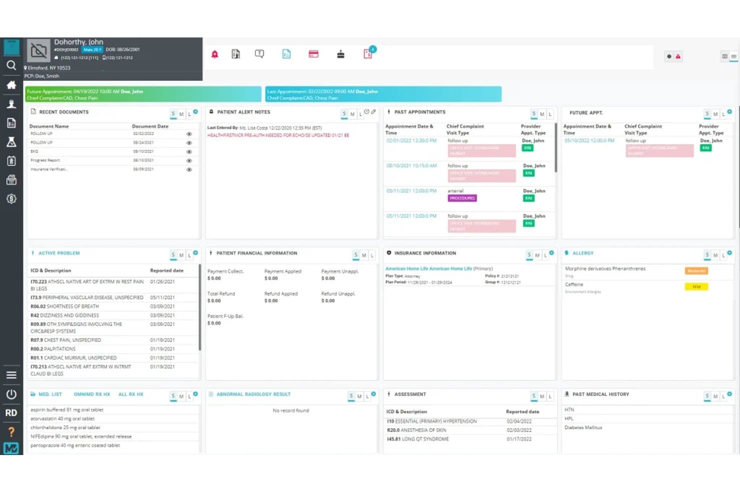 OmniMD EPD-patiëntendashboard met afspraken, actieve problemen, verzekerings- en allergiepanelen.