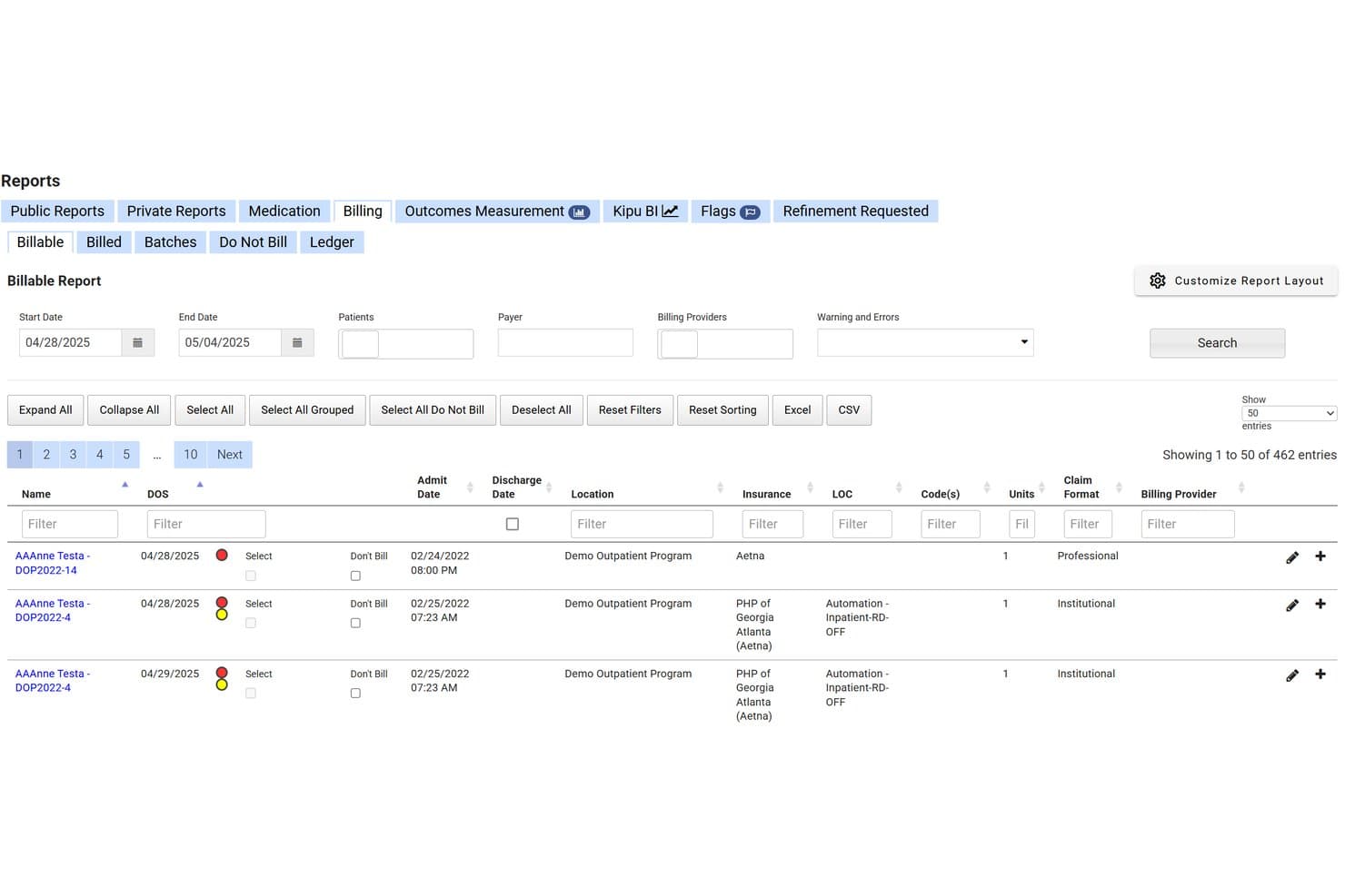 Módulo de facturación de Kipu que muestra un informe facturable con entradas de pacientes y columnas de seguros y formatos de reclamación.