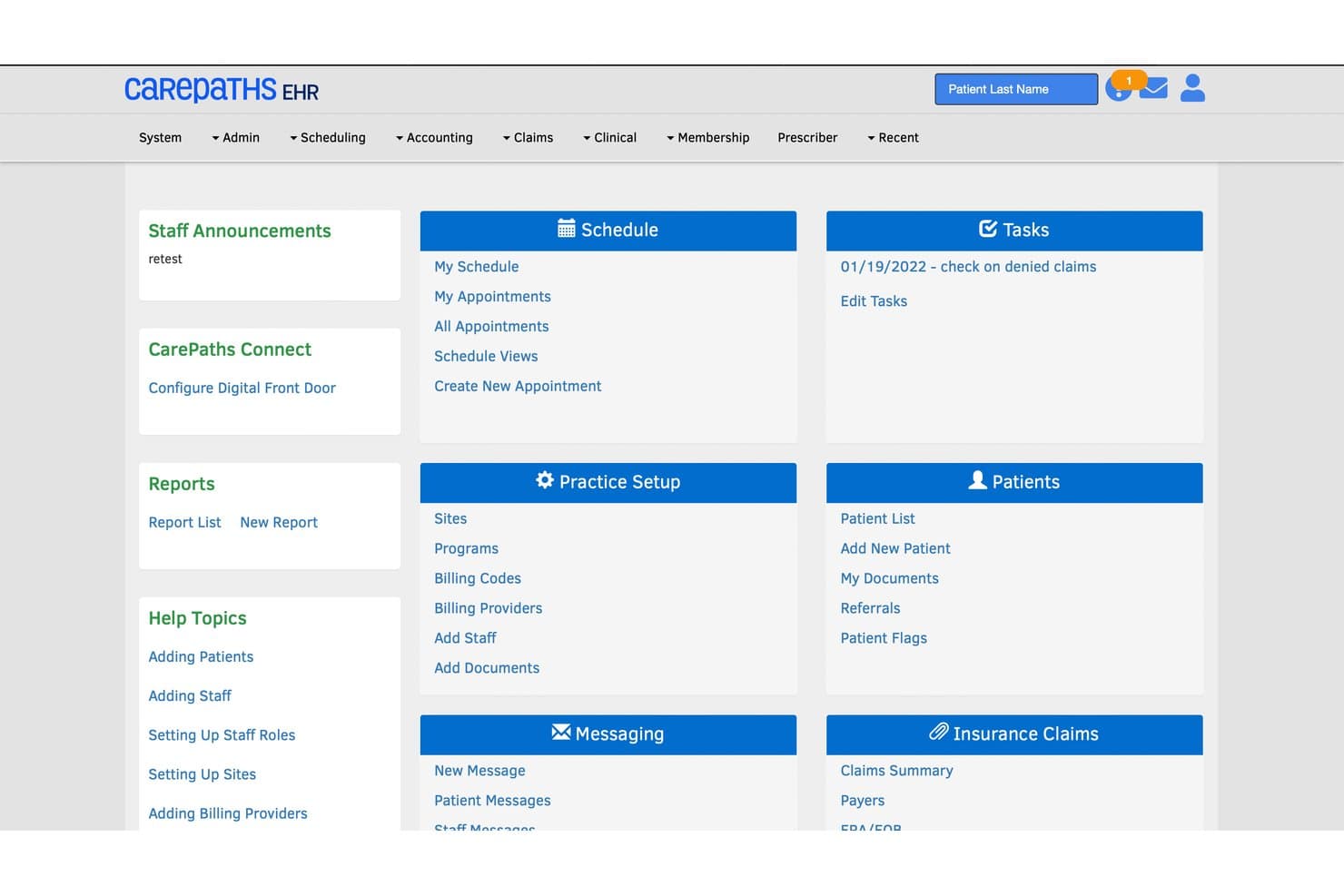 CarePaths EHR-dashboard met secties voor planning, patiënten, declaraties en praktijkconfiguratie.