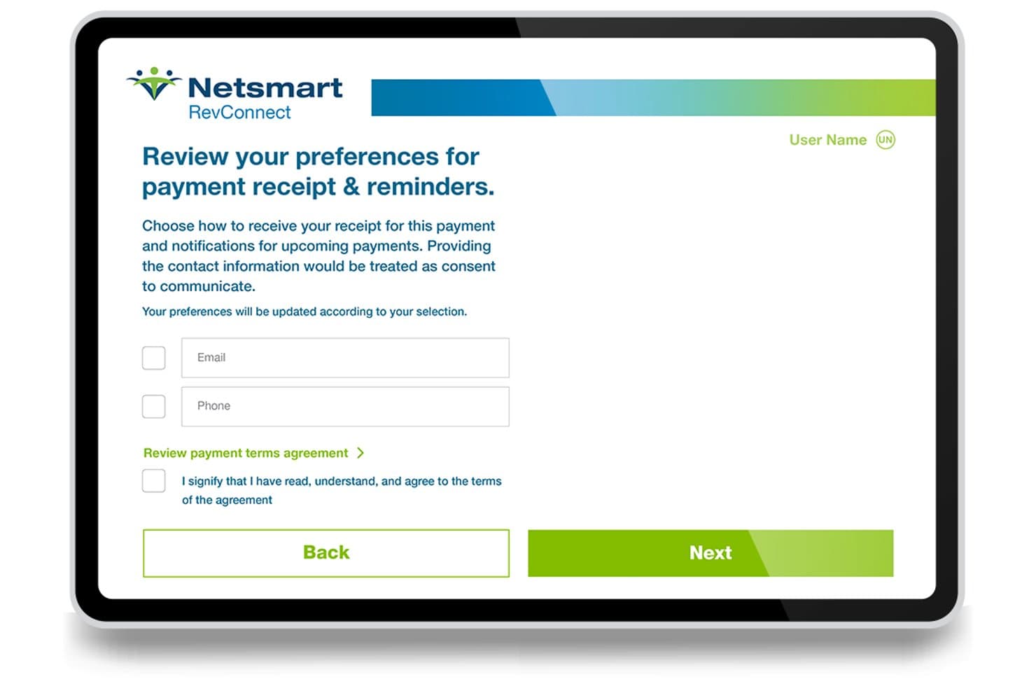 Netsmart RevConnect-scherm voor het instellen van voorkeuren voor betalingsbewijzen en herinneringen, met velden voor e-mailadres en telefoonnummer.