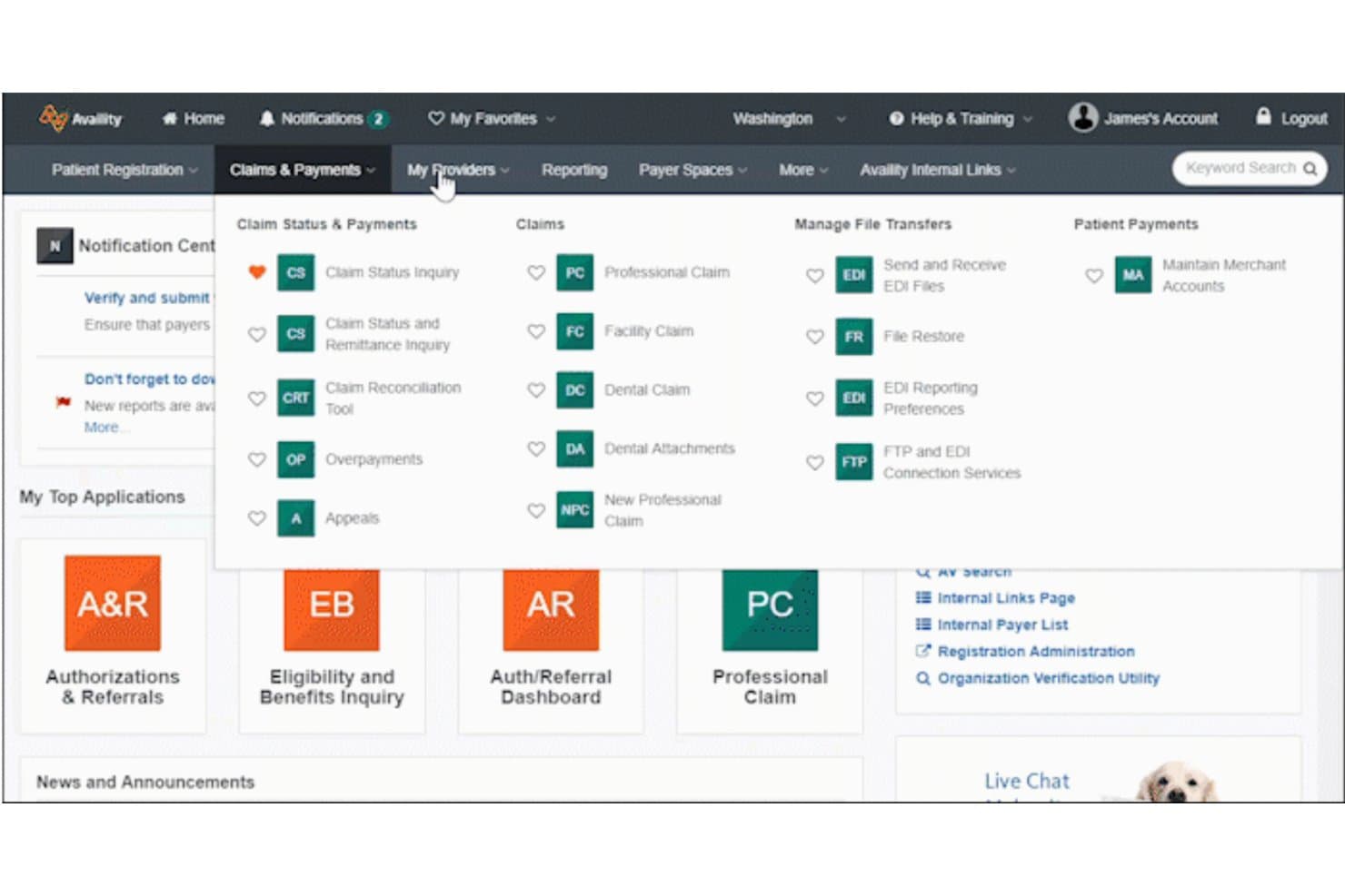 Availity dashboard showing Claims & Payments dropdown menu with EDI and claim options.